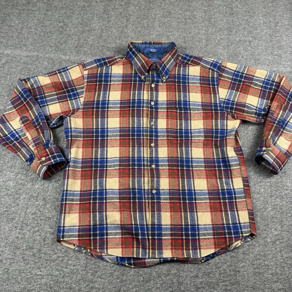 Pendleton Flannel Shirt Mens Large Red Plaid Virgin Wool Hiking Camping Made USA